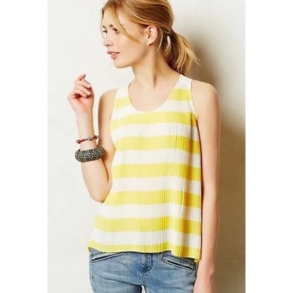 Maeve Tops - Anthropologie Maeve Citron Pleated Tank Top Yellow White Blouse